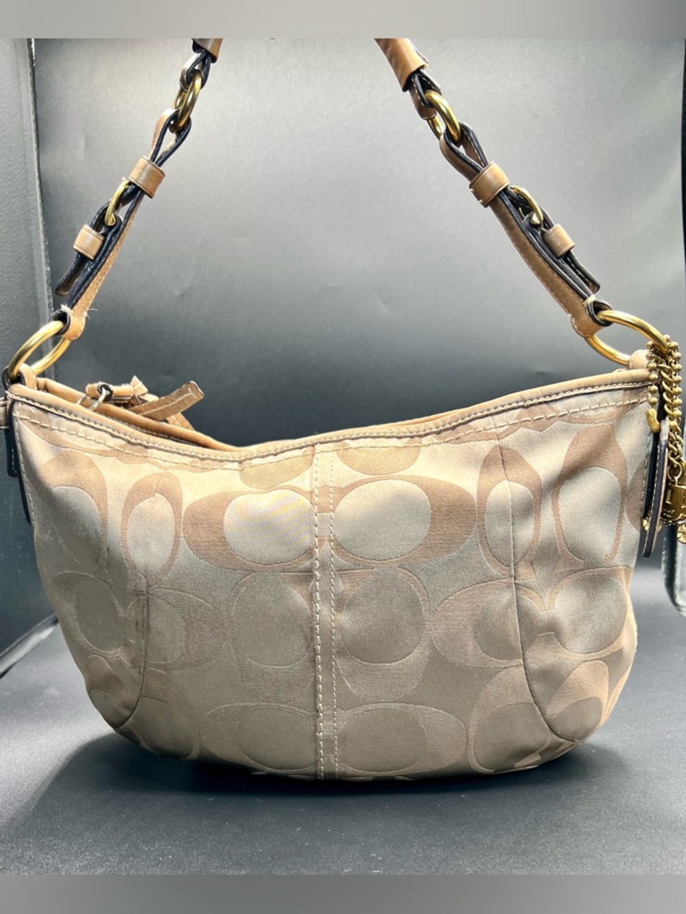 COACH Signature Tan Sateen Hobo Shoulder Bag with Metal Hang Tag